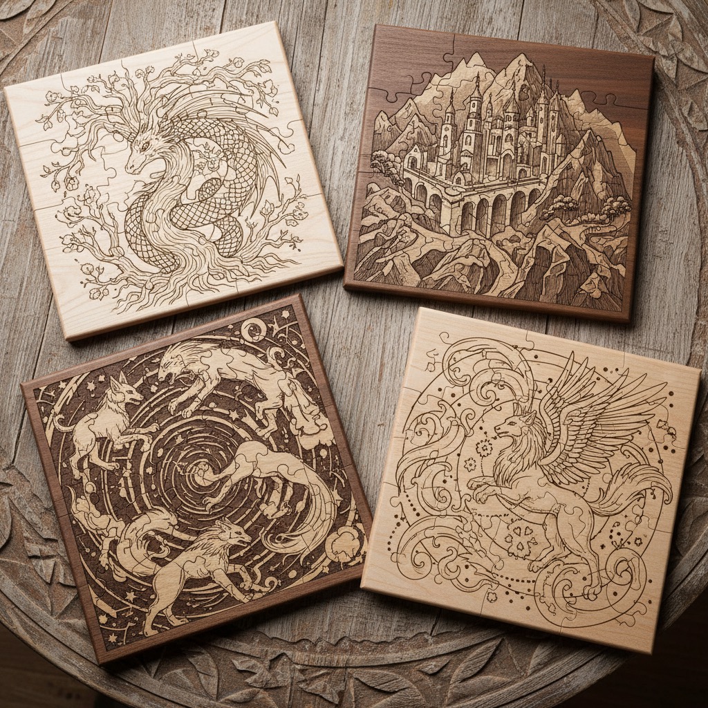 Four square wooden puzzles with engraved fantasy artwork lie on a wooden table.